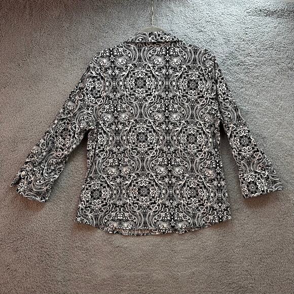 Coldwater Creek XL Button Up Top Long Sleeves V-Neck‎ Black White Pattern - Picture 6 of 8